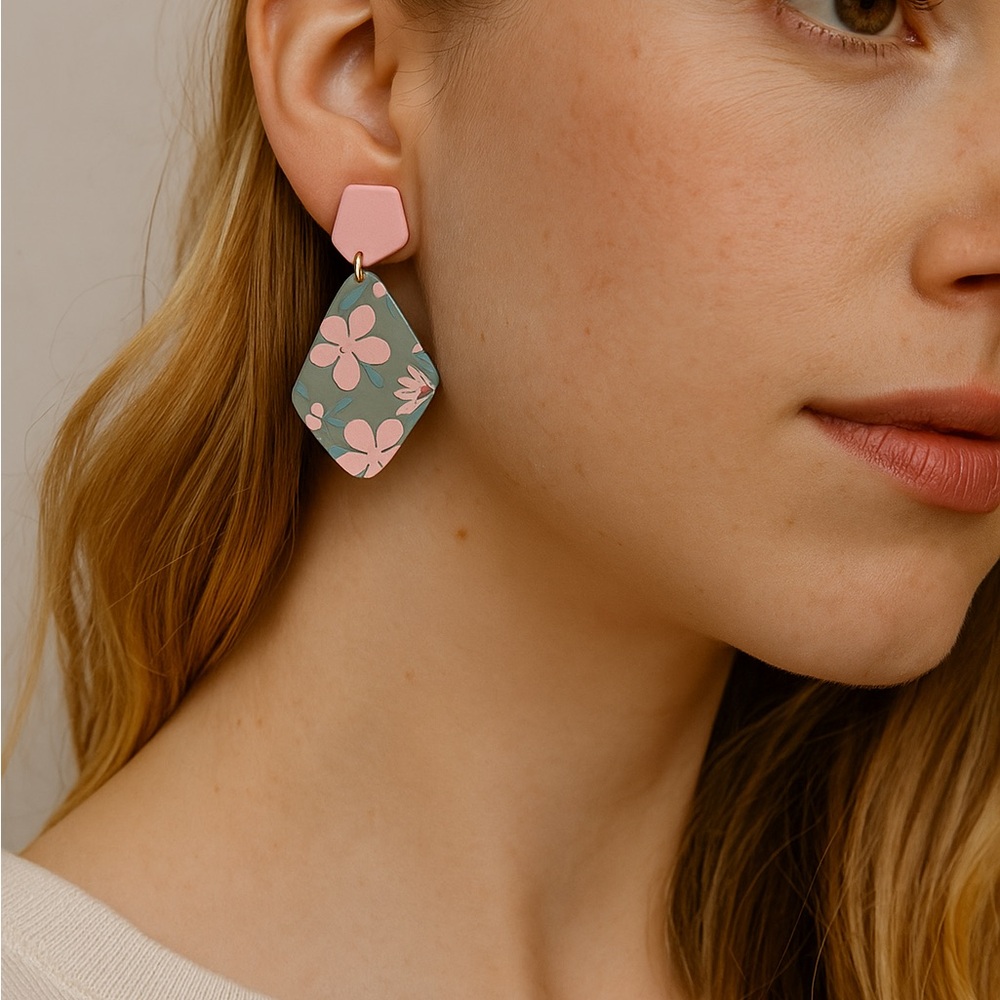 Chic Floral Pink and Green Earrings